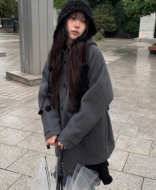 レトロ フード ミドルコート シングルボタン 無地 フード付きウールコート レディース 2025冬 新作 ミドル丈