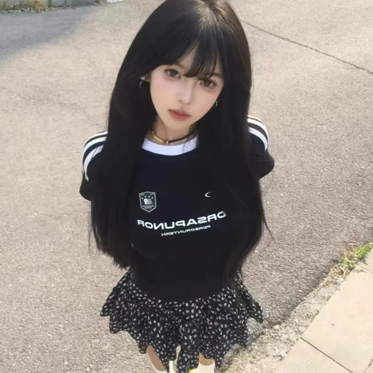 ロゴ Tシャツ レディース ライン リンガー タイトT 韓国 ファッション スポーティー チビT