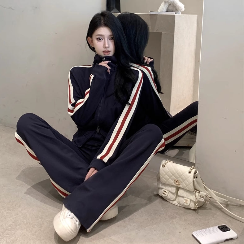 ジャージ セットアップ レディース 韓国 ファッション タイトシルエット ダブルジップ トラックトップ サイドライン フレアパンツ 上下セット