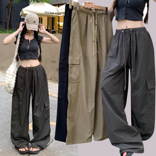 カーゴパンツ レディース 韓国 ファッション ウエストゴム ナイロン ワイドパンツ