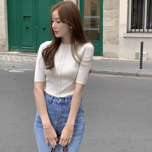 ニット Tシャツ トップス レディース 韓国 ファッション 半袖 フロントボタン タイトフィット 上品 大人きれいめ プルオーバー カットソー 伸縮 ストレッチ オフィス