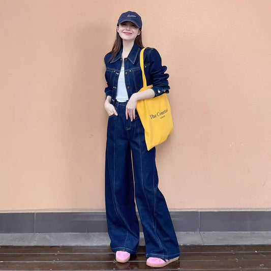 デニム セットアップ レディース 韓国 ファッション デニムジャケット デニムパンツ インディゴ ジーンズ ワイドパンツ