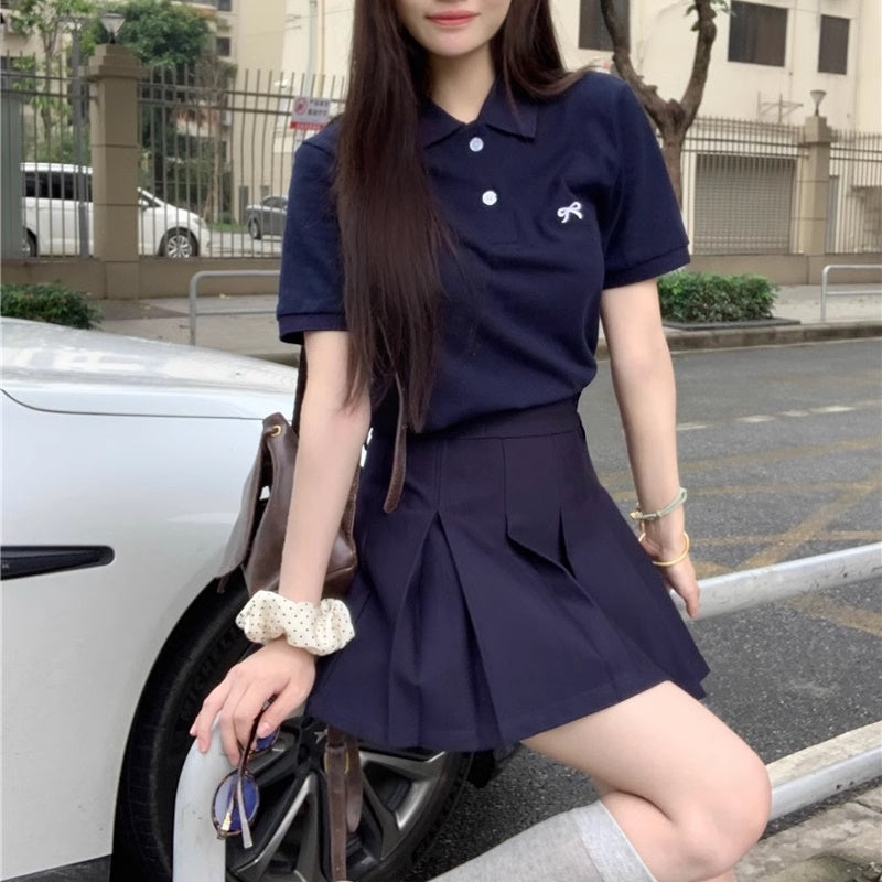 セットアップ レディース ポロシャツ ミニスカート 上下セット 韓国 ファッション リボン プリーツスカート カレッジコーデ