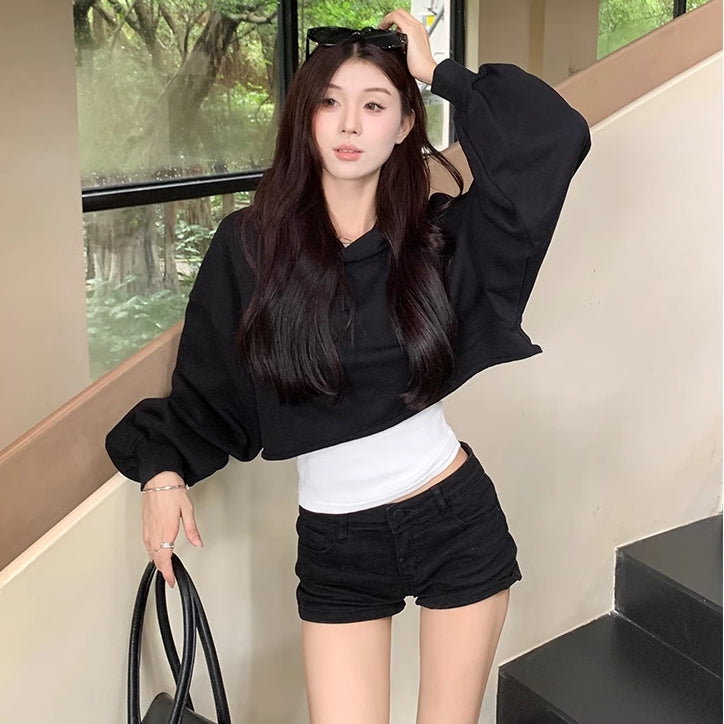 クロップド パーカー レディース 韓国 ファッション 黒 無地 フード トップス カジュアル ショート丈 スウェット フーディー