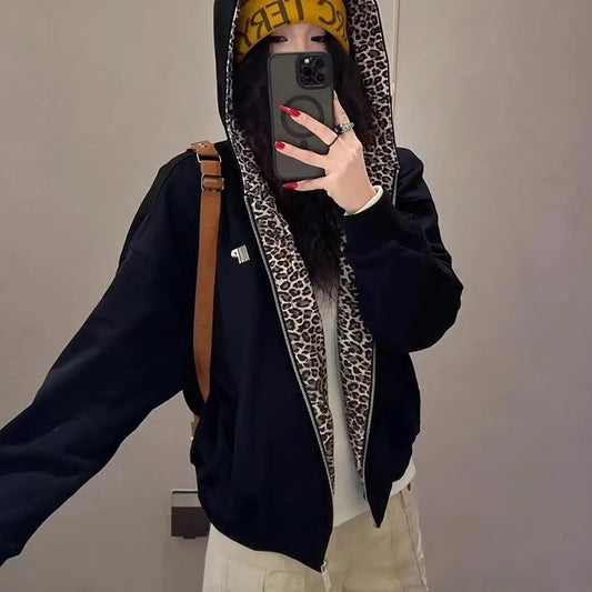 レオパード ジップパーカー レディース 韓国 ファッション 裏地 アニマル ヒョウ柄 ロゴ フード パーカー