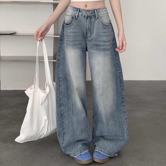 デニムパンツ カーブ ワイドパンツ レディース 韓国 ファッション バレルレッグ ダメージ加工 ヴィンテージ デニム