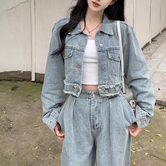 フリンジ デニム セットアップ レディース 韓国 ファッション ライトブルー ワイドデニムパンツ クロップド ジャケット ジーンズ 上下セット