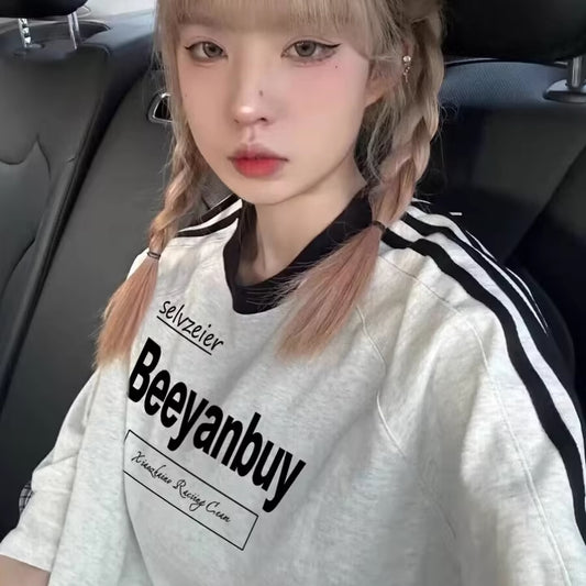 ロゴ Tシャツ レディース ラインT 韓国 ファッション ビッグシルエット スポーティ 半袖 トップス