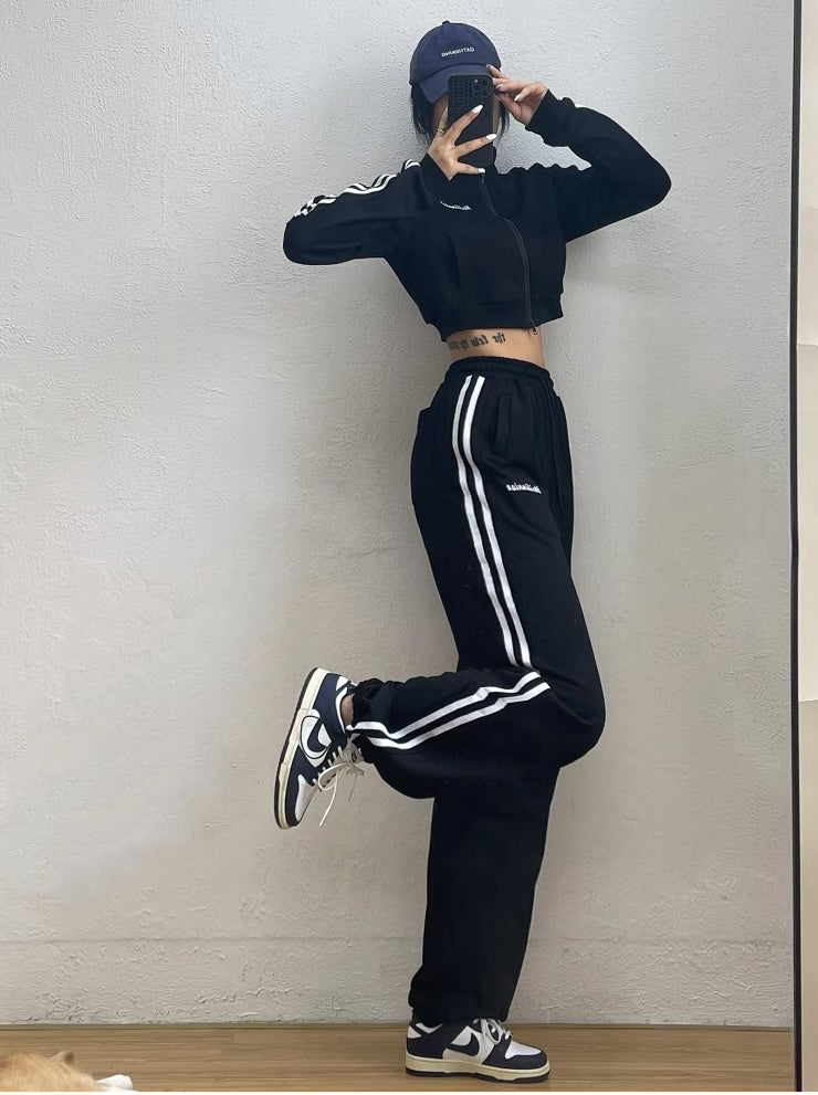 セットアップ レディース クロップド ジャージ 上下セット 韓国 ファッション ショート丈 サイドライン トラックジャケット ワイドワイドパンツ