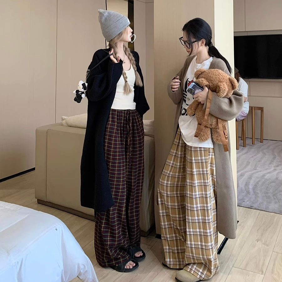 ロング カーディガン チェックパンツ レディース 韓国 ファッション ロング ニット トッパーカーデ チェック ワイドパンツ 秋冬コーデ