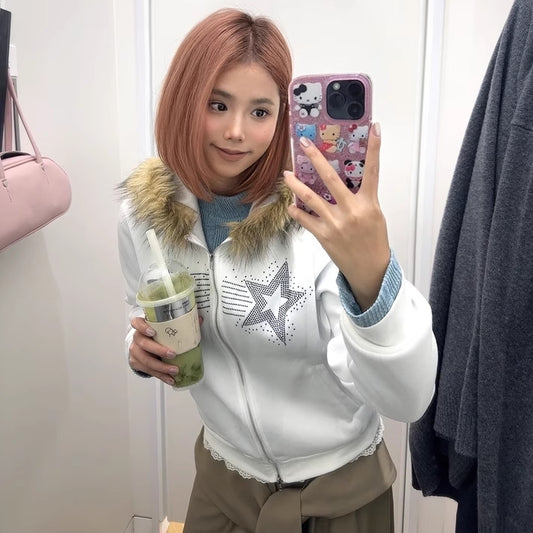 ファーフード パーカー レディース 韓国 ファッション ラメ デザイン キラキラ ジップパーカー スウェット フーディー