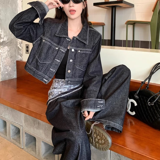 デニム セットアップ レディース 韓国 ファッション インディゴブルー ワイドパンツ デニムジャケット おしゃれ 大人 カジュアル