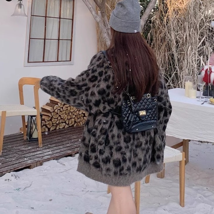 レオパード シャギー カーディガン レディース 韓国 ファッション オーバーサイズ ヒョウ柄 アニマル ニット カーデ