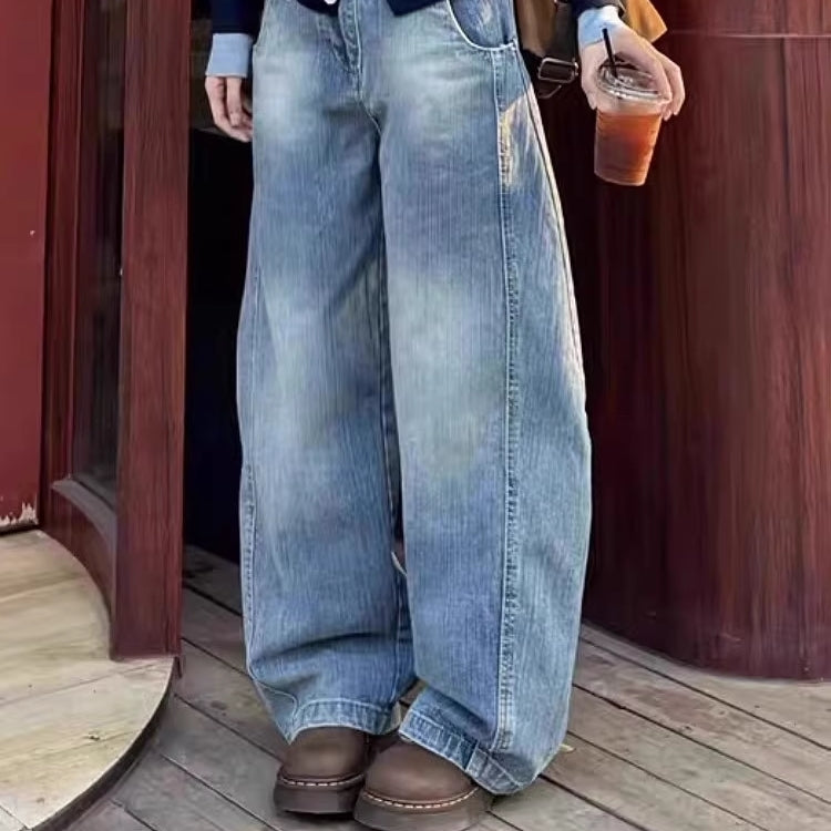 デニムパンツ レディース 韓国 ファッション バレルレッグ カーブデニム 色褪せ加工 ダメージ加工 ジーンズ ロング パンツ