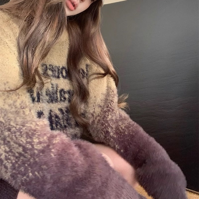 グラデーション シャギー ニット セーター レディース 韓国 ファッション メッセージ ロゴ オーバーサイズ 冬トップス