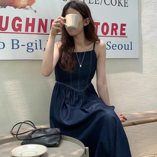 デニムワンピース 韓国 ファッション レディース キャミワンピース ロング フレア ウエスト切り替え ステッチ ノースリーブ ワンピ