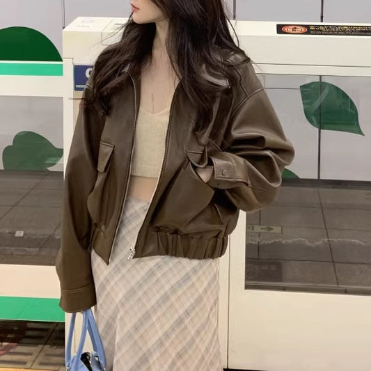 エコ レザージャケット レディース 韓国 ファッション ブルゾン アウター シンプル 大人 茶 黒 オーバーサイズ フェイクレザー アウター 春