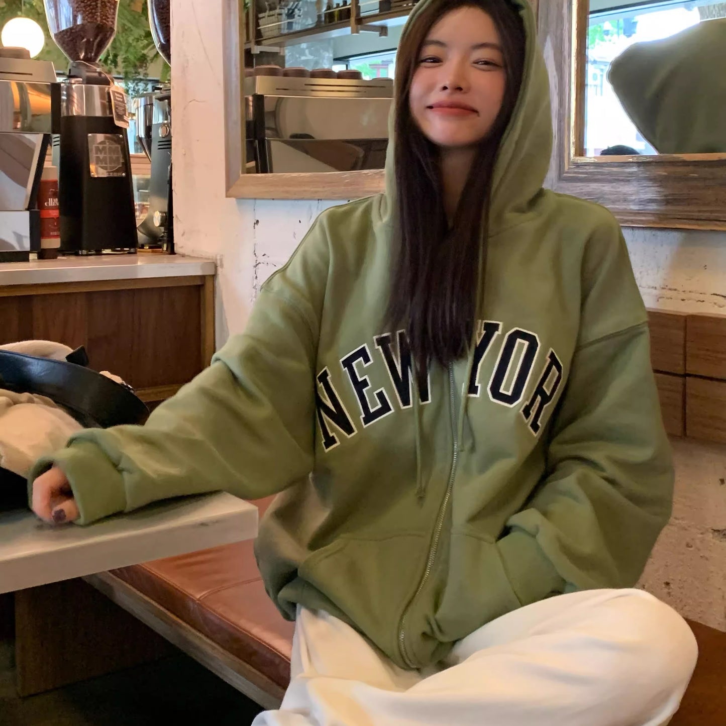 パーカー レディース 韓国 ファッション ロゴ ジップ オーバーサイズ グリーン スウェット フーディ