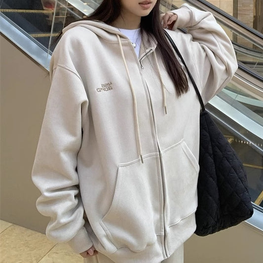 スウェット セットアップ レディース 韓国 ファッション ジップパーカー ワンポイントロゴ ベージュ パーカー ワイドパンツ