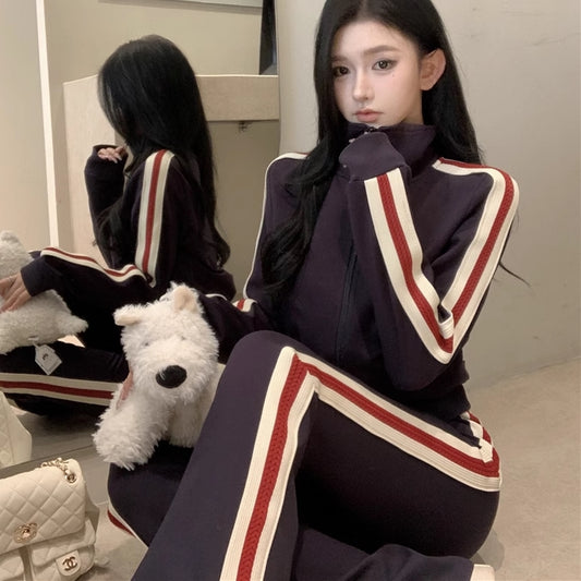 ジャージ セットアップ レディース 韓国 ファッション タイトシルエット ダブルジップ トラックトップ サイドライン フレアパンツ 上下セット