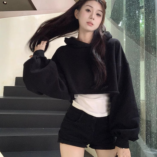 クロップド パーカー レディース 韓国 ファッション 黒 無地 フード トップス カジュアル ショート丈 スウェット フーディー