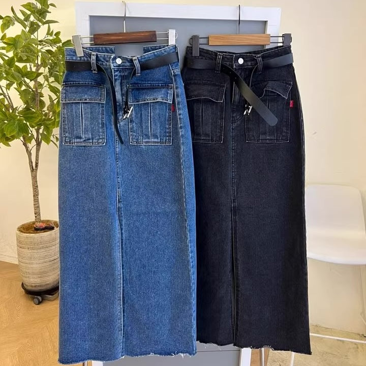 デニム カーゴ スカート レディース 韓国 ファッション ポケット ナロースカート タイト フロントスリット カジュアル ロングスカート