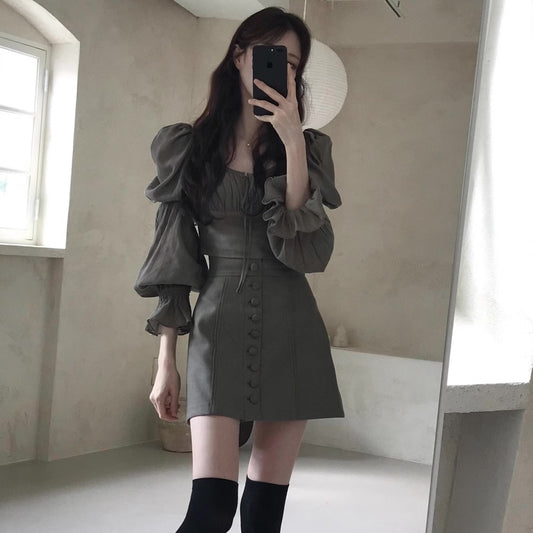 セットアップ レディース ワンピース風 パフショルダー ブラウス ミニスカート 上下セット 韓国 ファッション スクエアネット フリル袖 ガーリー