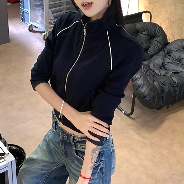 クロップド タイト トラックジャケット ジャージ レディース 韓国 ファッション 7分袖 ラグランスリーブ ネイビー ストレッチ ジップアップ トップス