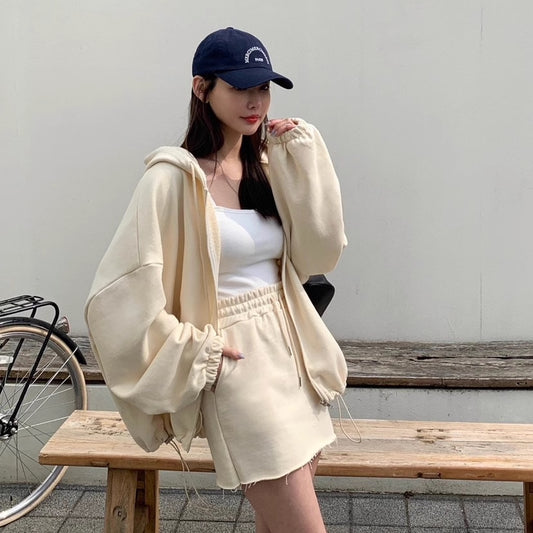 スウェット セットアップレディース パーカー ミニスカート 上下セット 韓国 ファッション ジップアップパーカー カットオフスカート ゆったりフィット 無地 ラフコーデ