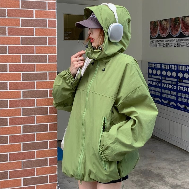 ナイロン パーカージャケット レディース 韓国 ジップアップ ナイロンジャケット ウィンドブレーカー オーバーサイズ アウター