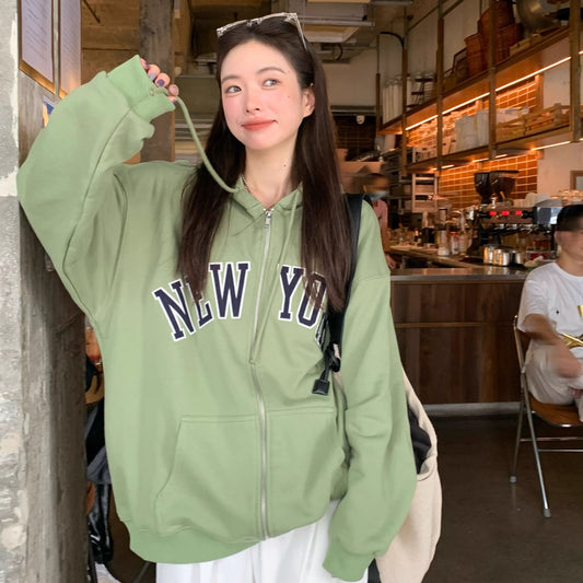 パーカー レディース 韓国 ファッション ロゴ ジップ オーバーサイズ グリーン スウェット フーディ
