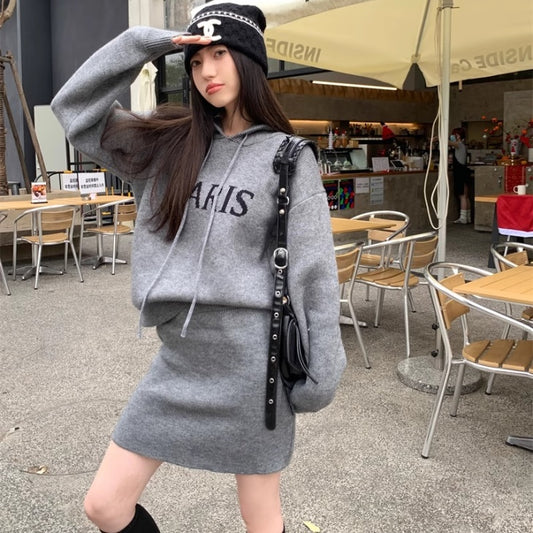 ロゴ ニット セットアップ レディース 韓国 ファッション ニットパーカー ニットミニスカー 上下2点セット