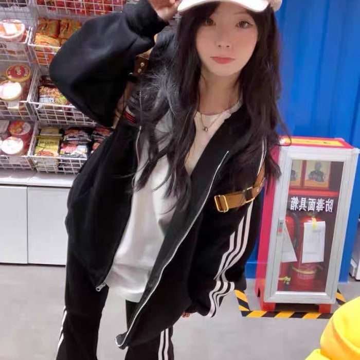 ライン パーカー レディース 韓国 ファッション スポーティー ジップアップ バックプリント ロゴ パーカー