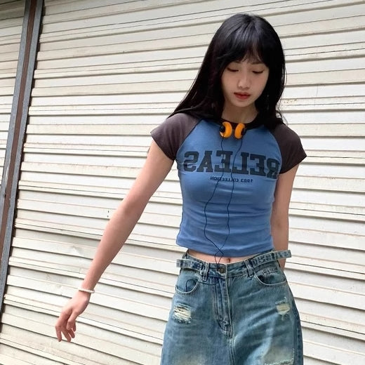 ロゴ Tシャツ レディース タイト クロップド ラグランT レディース 韓国 ファッション バイカラー リンガー チビT
