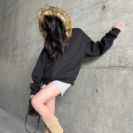 ファーフード パーカー レディース 韓国 ファッション ジップアップ フーディー