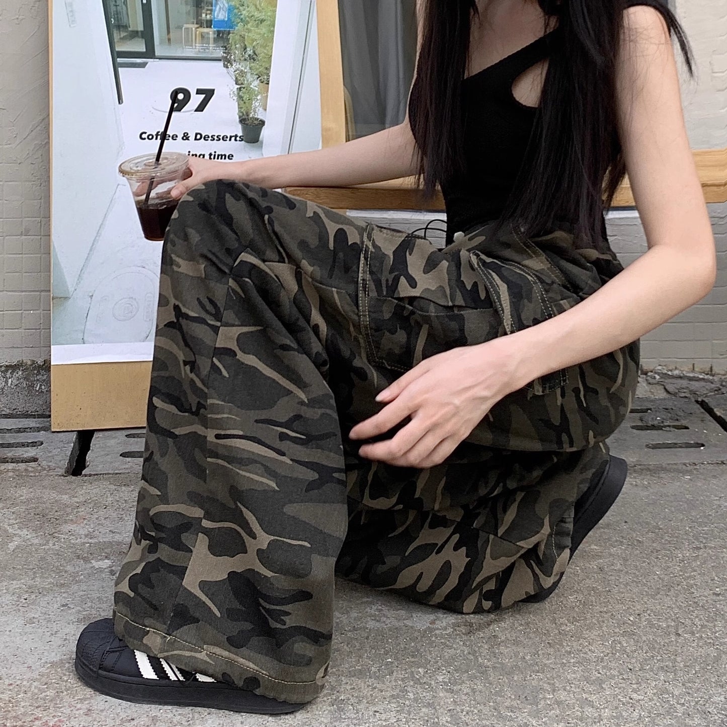 迷彩 ワイド カーゴパンツ レディース 韓国 ファッション カモフラージュワイドパンツ