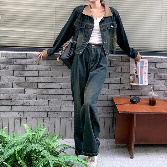 デニム セットアップ レディース 韓国 ファッション ユーズド加工 上品なヴィンテージデニム ダメージ加工 上下2点セット