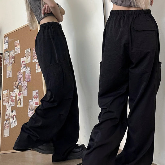 ナイロン カーゴ パラシュートパンツ 韓国 夏 ワイドパンツ 白/黒 2カラー ストリート