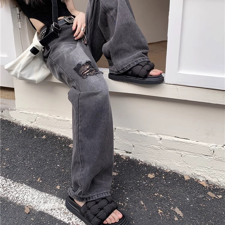 リップド ジーンズ レディース 韓国 デニムパンツ クラッシュ加工 ブラックデニム ワイドシルエット グランジ ファッション