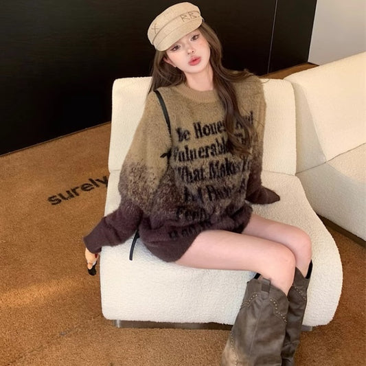 グラデーション シャギー ニット セーター レディース 韓国 ファッション メッセージ ロゴ オーバーサイズ 冬トップス