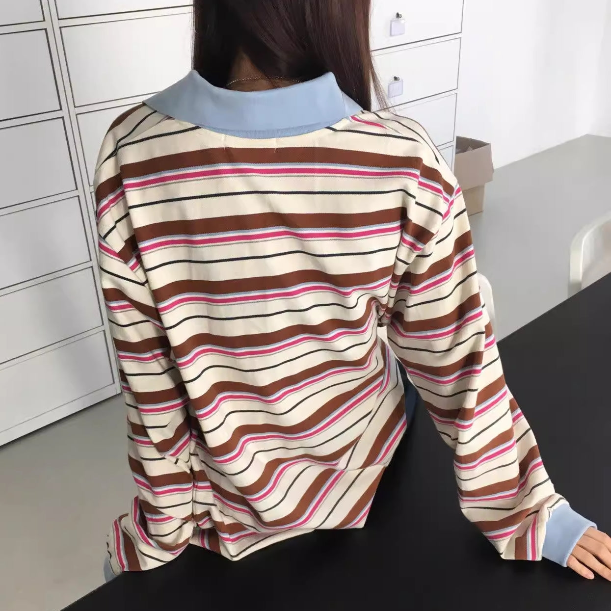ボーダー ポロシャツ 長袖 レディース 韓国 ファッション マルチボーダー ラガーシャツ カットソー 長T 秋トップス ロゴ ワンポイント