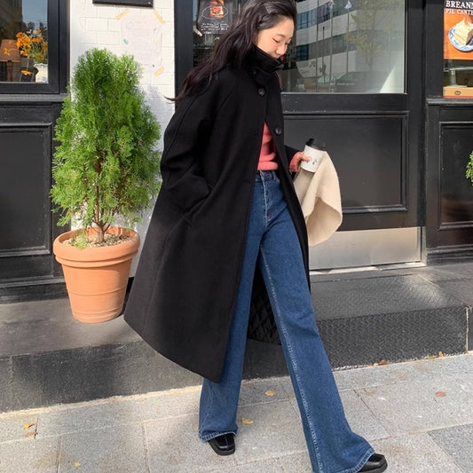 ロングコート レディース 韓国 ファッション 上品 清楚 ウール調 ブラックコート