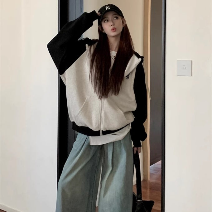 ジップアップ パーカー レディース 韓国 ファッション モノトーン バイ