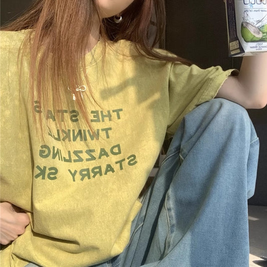 ヴィンテージ加工 ビッグ Tシャツ レディース 韓国 ファッション オーバーサイズ ロゴ ダメージ加工 ロゴ メッセージ T