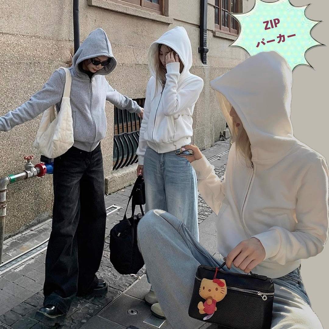 ジップ パーカー レディース 韓国 ファッション タイトフィット スウェット フーディ