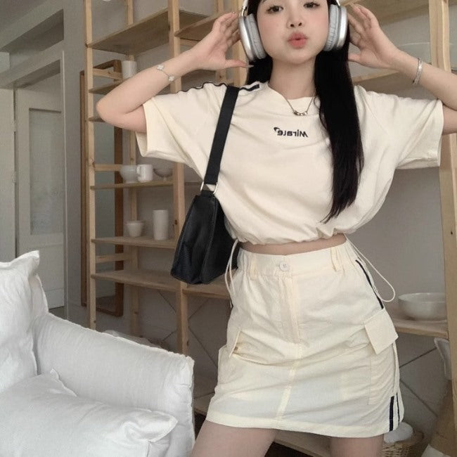 セットアップ レディース サイドライン スポーツ クロップドtシャツ ミニスカート 上下セット 韓国 ファッション