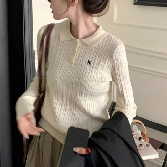 ポロ ニット 長袖 レディース ケーブルニット 韓国 ファッション タイトフィット ワンポイント ロゴ 秋冬 トップス