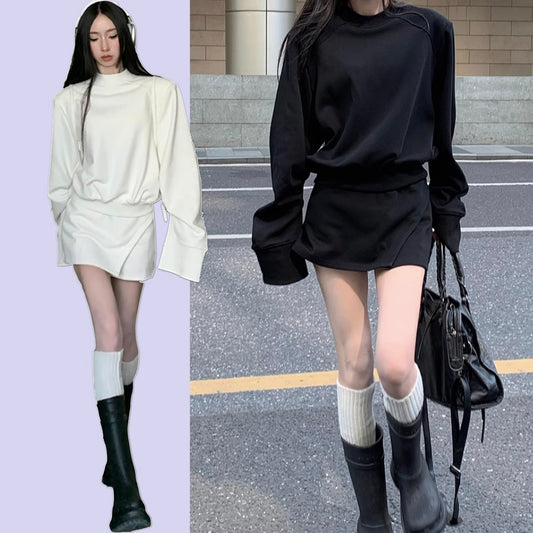 スウェット セットアップ レディース スカート 上下セット 韓国 ファッション モックネック トレーナー ボリューム袖 スリットス ミニスカート 無地
