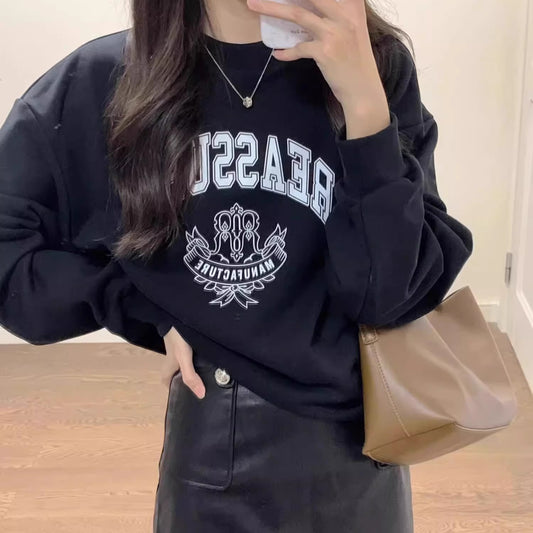 ロゴ トレーナー レディース 韓国 ファッション 黒 スウェット トップス