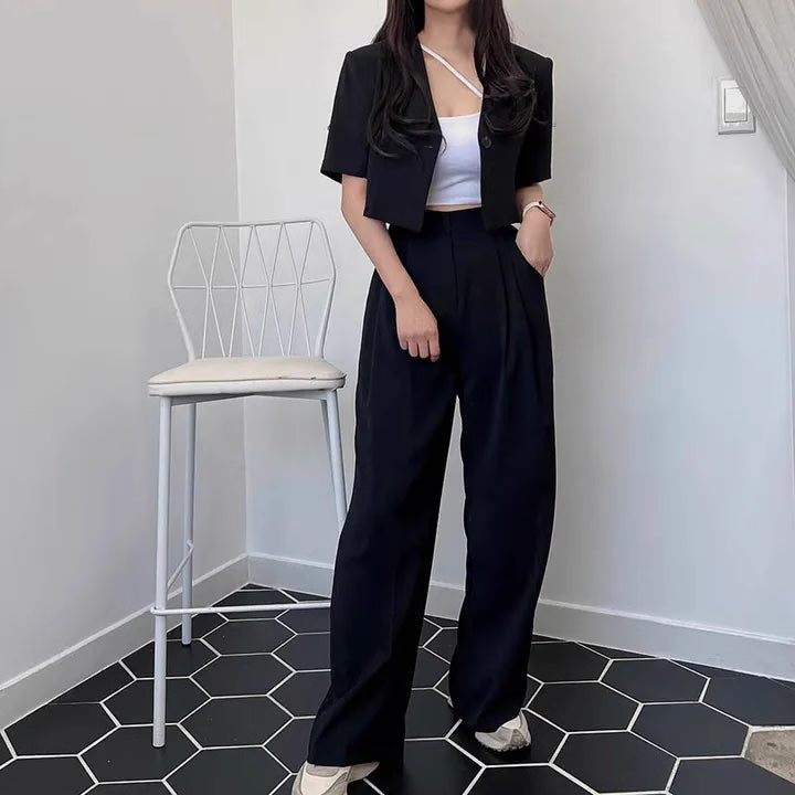 セットアップ レディース 夏 スーツ 上下セット 韓国 ファッション クロップド ショートジャケット ワイドパンツ カジュアルスーツ